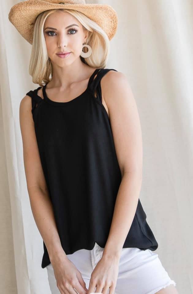 Sleeveless Solid Top with Criss Cross on Sleeve