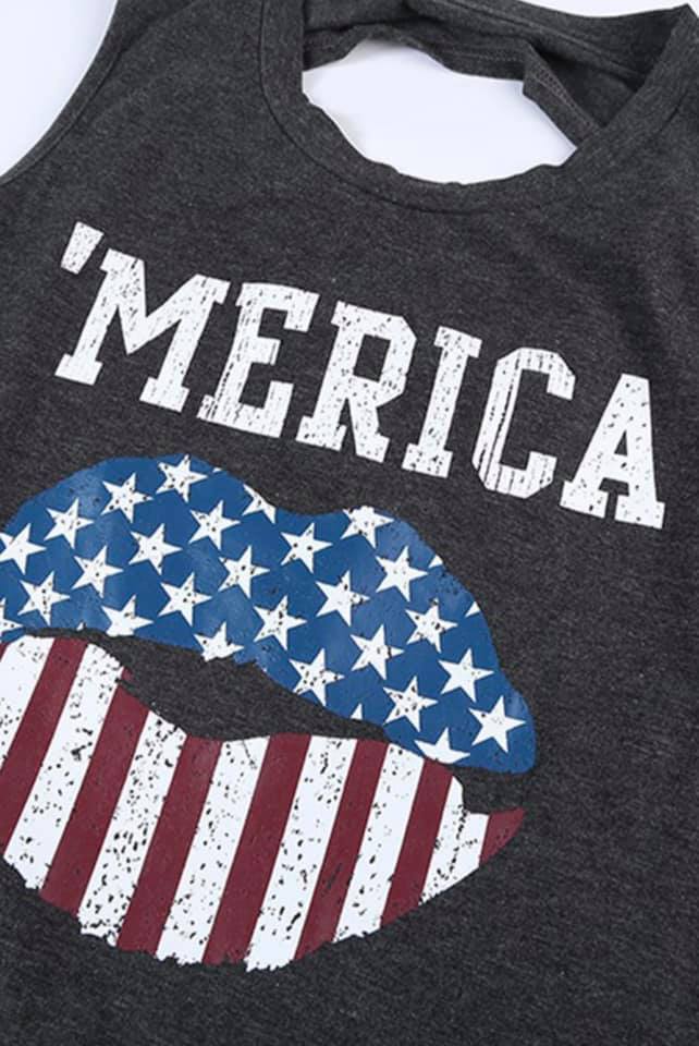 Sleeveless Graphic Merica Lips with Cut out Back