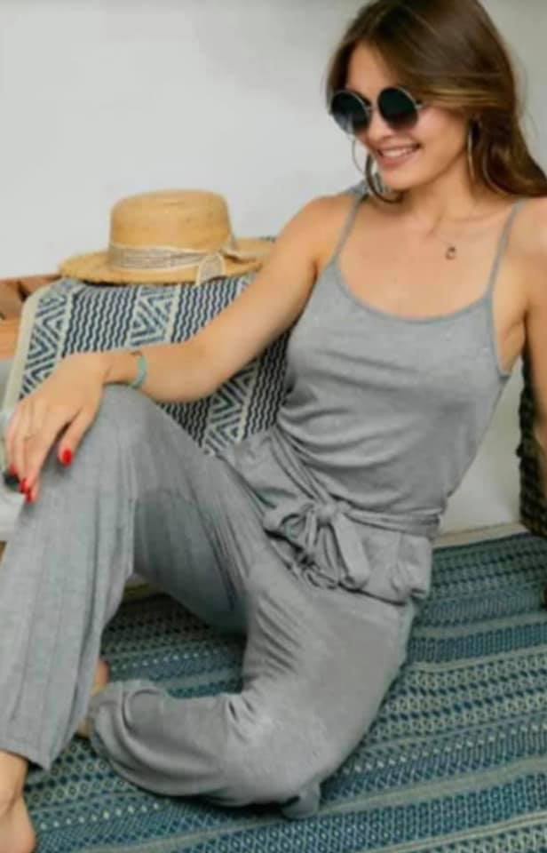 Soft Solid Pants Jumpsuit With Belt & Pockets