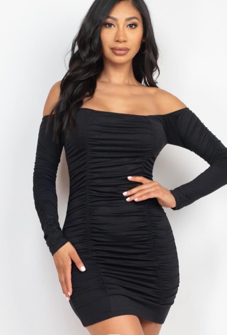 Long Sleeve Off the shoulder Ruched Dress