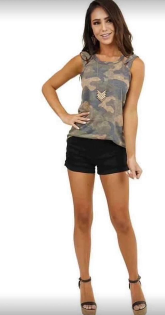 Sleeveless Camo Top with Criss Cross on Sleeve