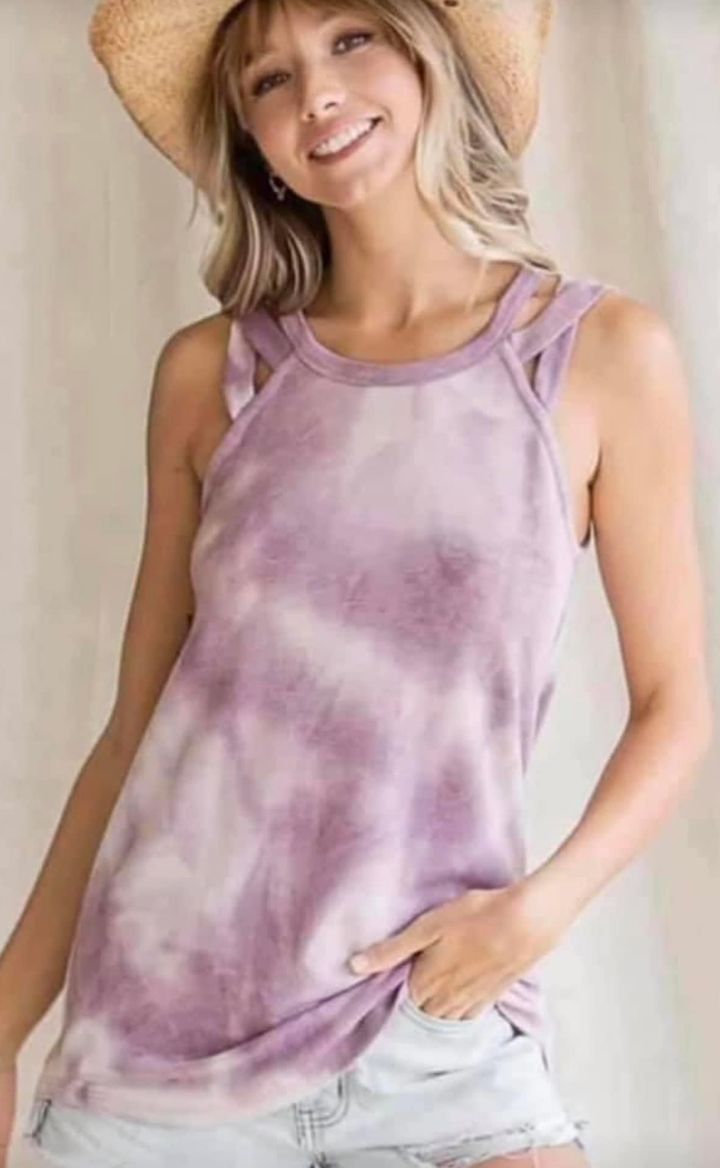 Sleeveless Tie Dye Top with Criss Cross on Sleeve