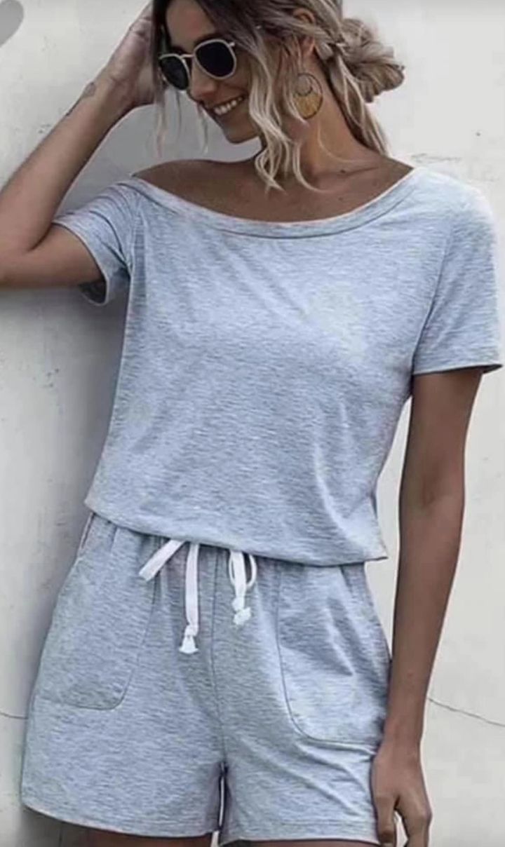 Off The Shoulder Shorts Romper With Pockets & Draw string