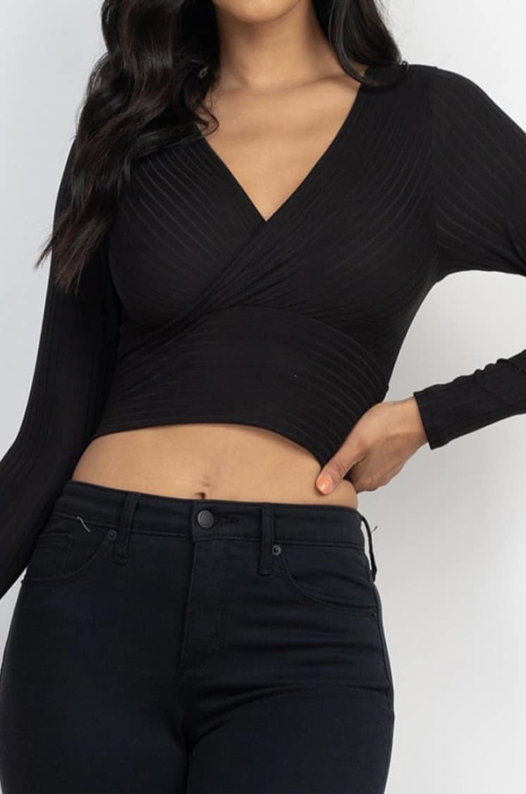 Ribbed Wrap Long Sleeve Crop Top