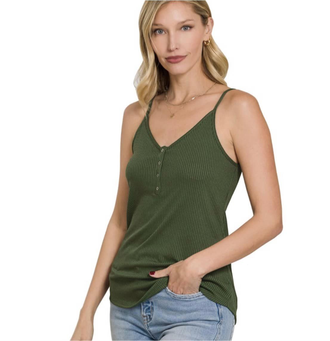 Ribbed Spaghetti Strap Tank with Buttons