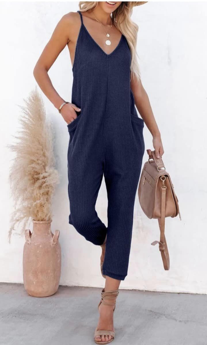 V Neck Jumpsuit Romper with Pockets & Spaghetti Straps