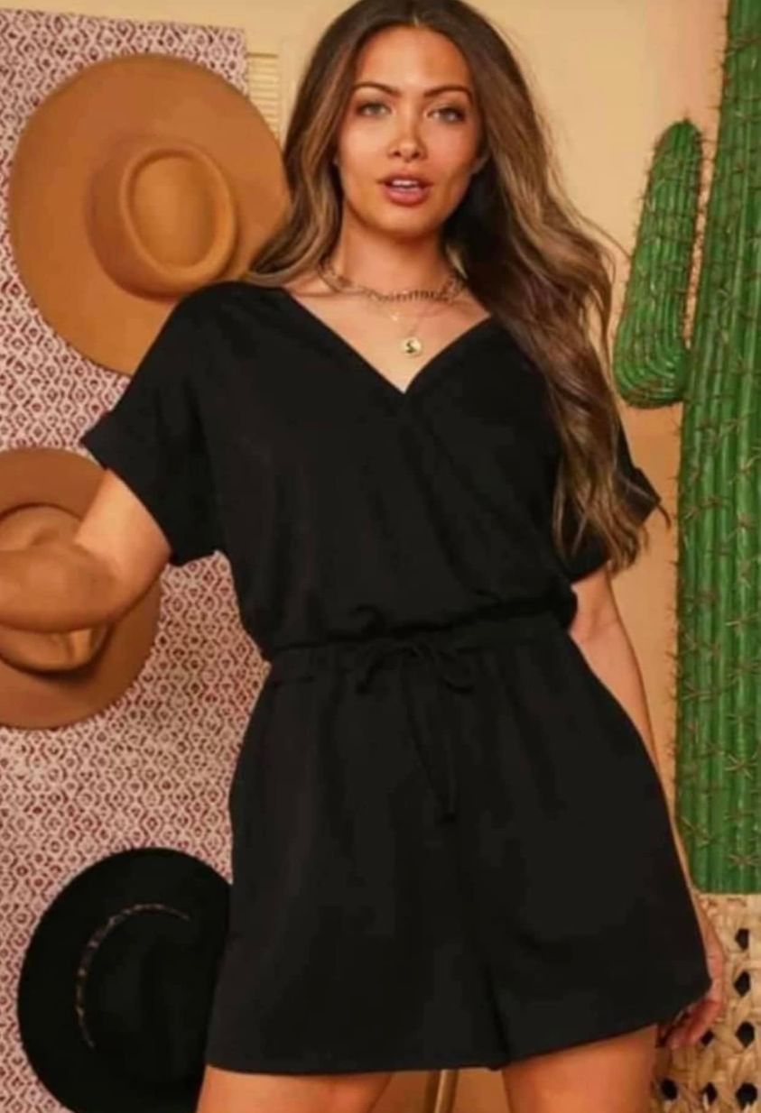V Neck Short Short Sleeve Shorts Romper With Pockets