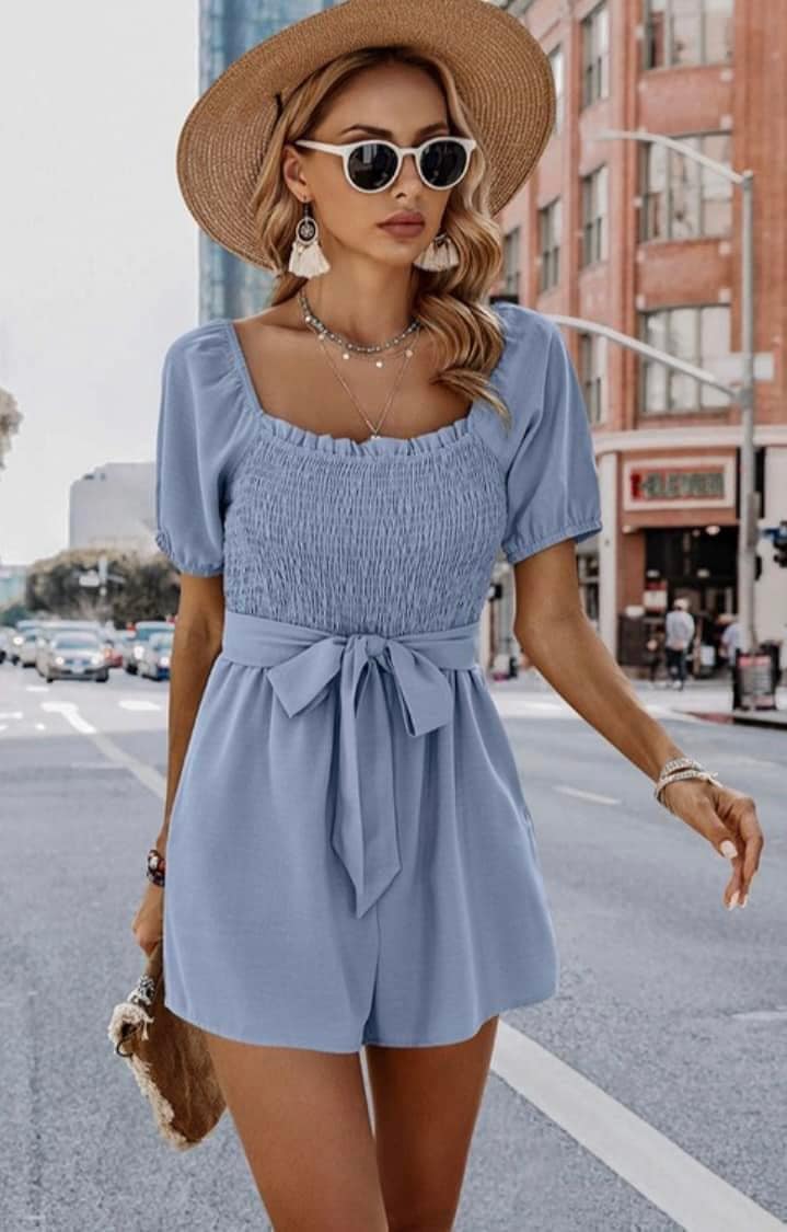 Smocked Romper With Pockets & Belt