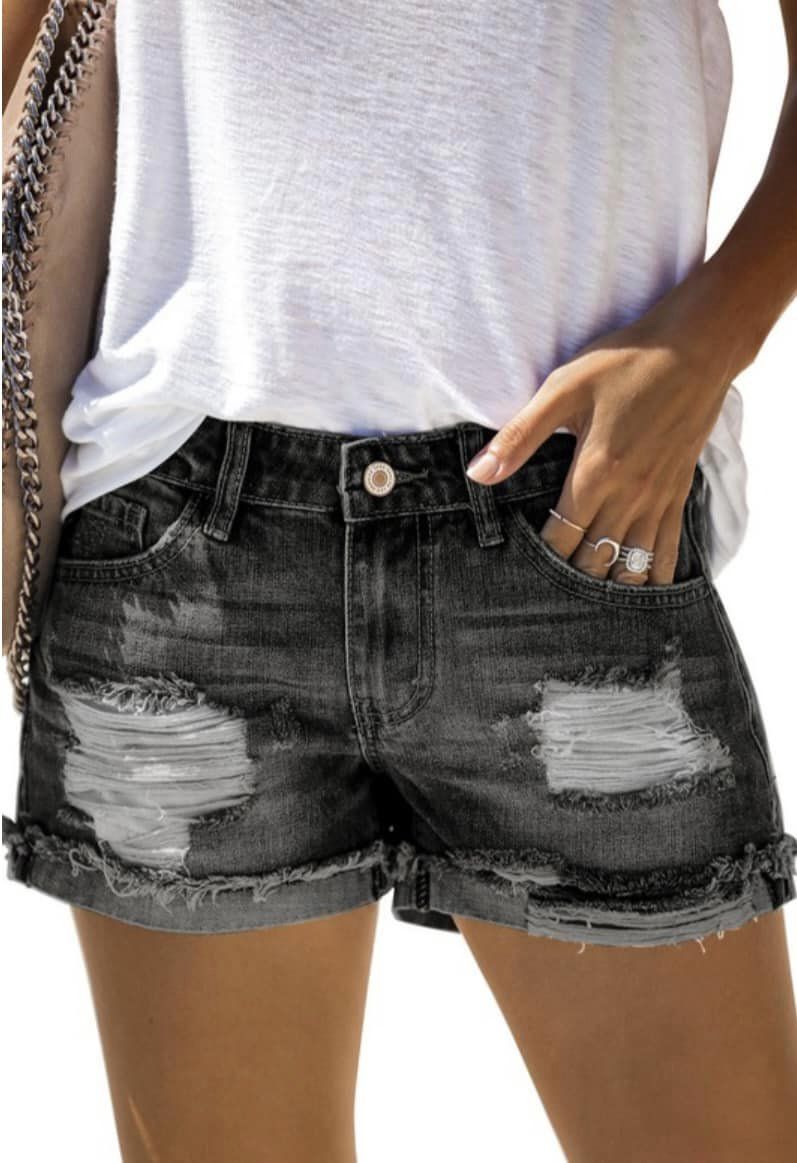Denim Shorts with Rips and Cuff