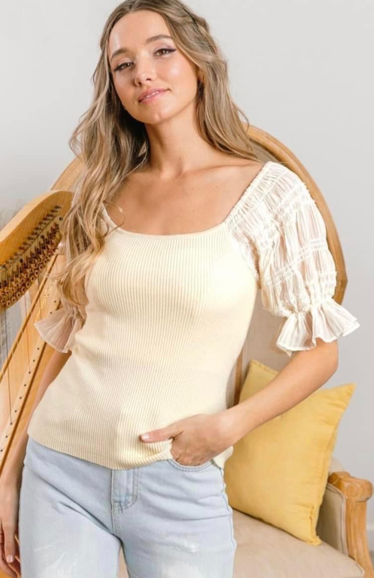 Ribbed Short Ruffle Sheer Sleeve Top