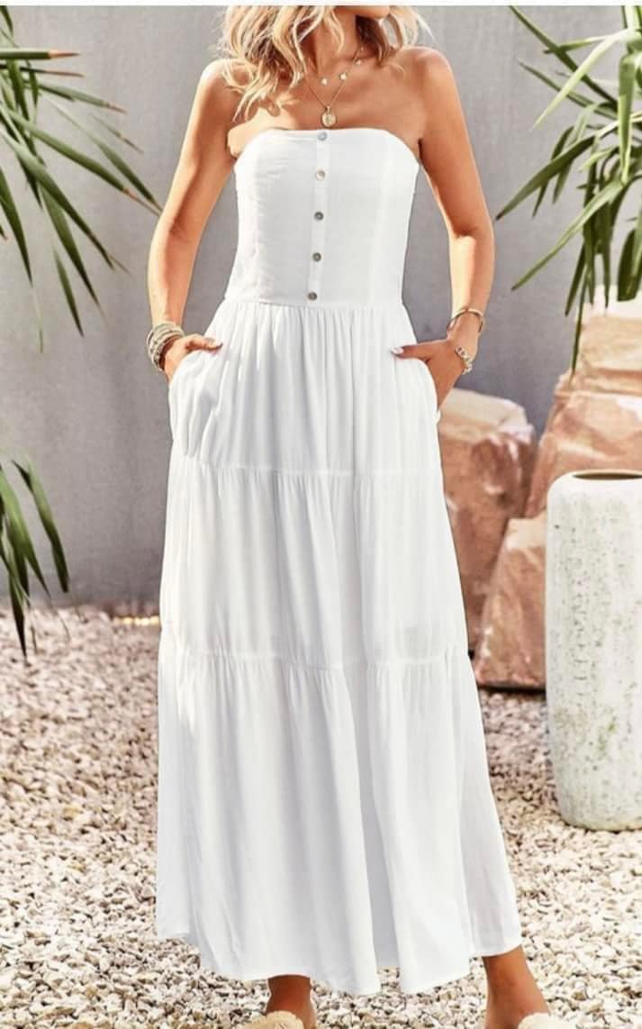 Tube Top Maxi Dress with Buttons & Pockets