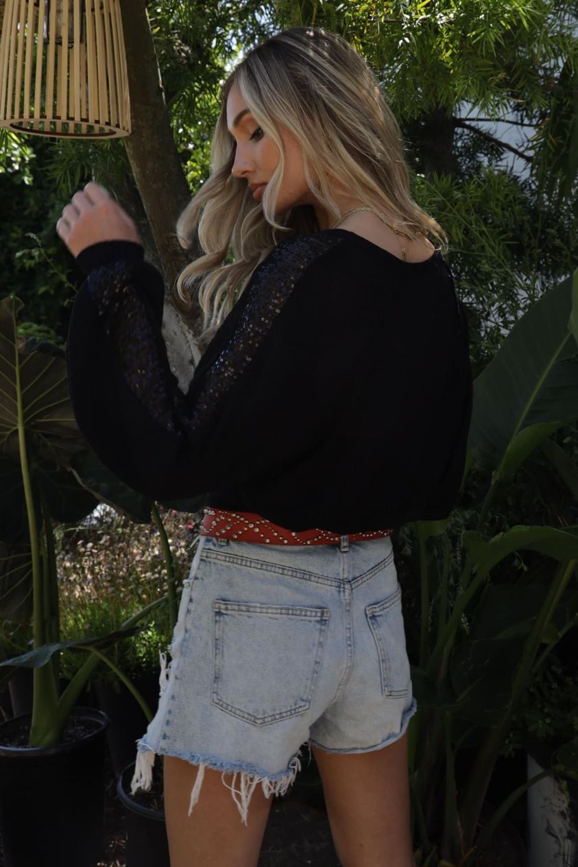 Waffle Knit Solid Top with Sequin Detail