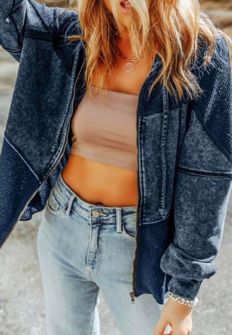 Mineral Washed Mixed Fabric Zip Up Hoodie