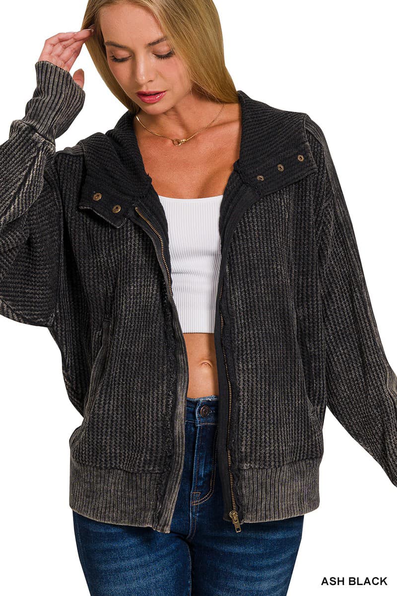 Mineral Washed Zip Up Hoodie with Pockets