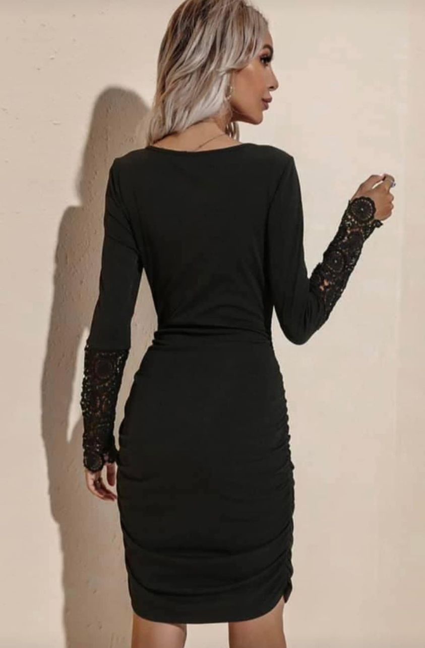 Crochet Sleeve Long Sleeve Ruched Dress