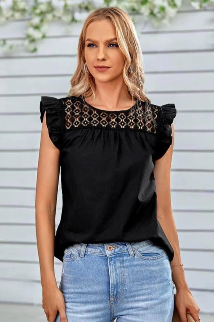 Lace Panel Ruffle Sleeve Top