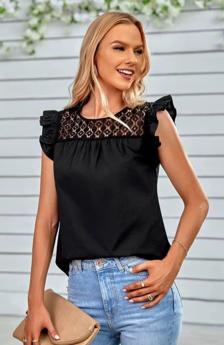 Lace Panel Ruffle Sleeve Top