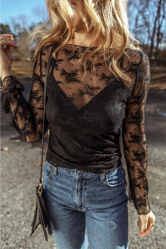 Sheer Long Sleeve Overlay Top with Detached Cami
