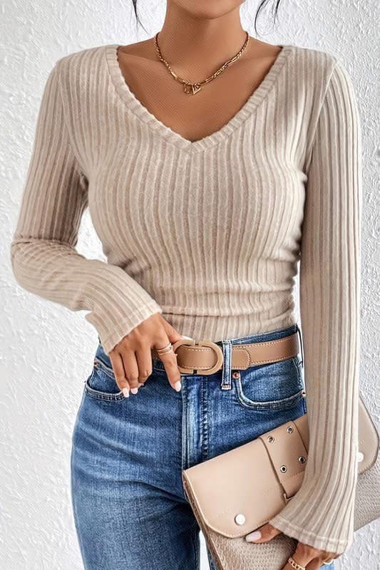 Super Soft Ribbed V Neck Top With side Ruch