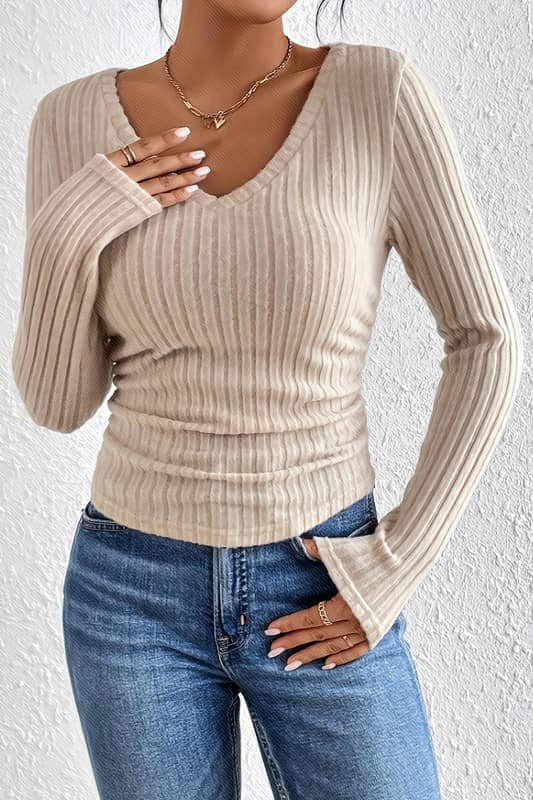 Super Soft Ribbed V Neck Top With side Ruch