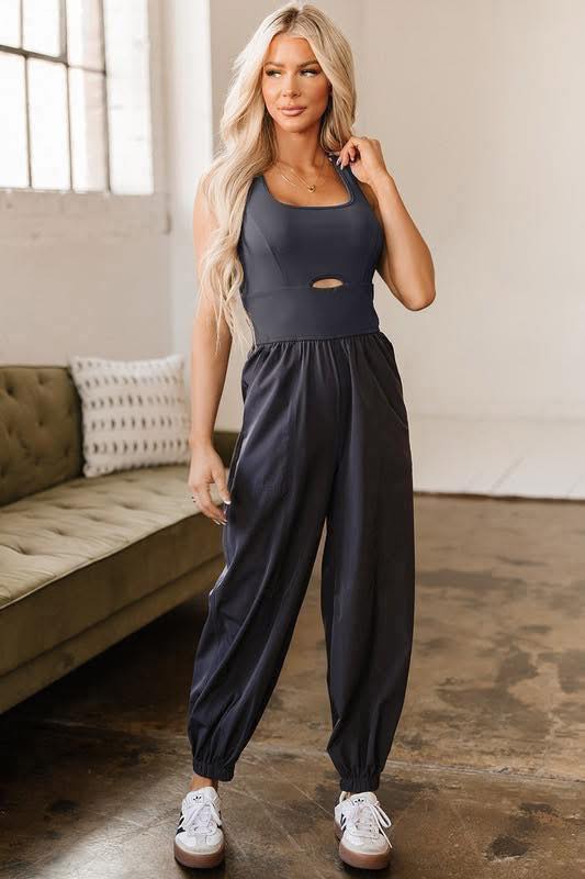 Mixed Fabric Jogger Jumpsuit