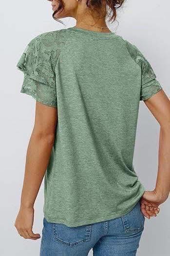 Short Sleeve Top with Ruffled Lace Sleeves
