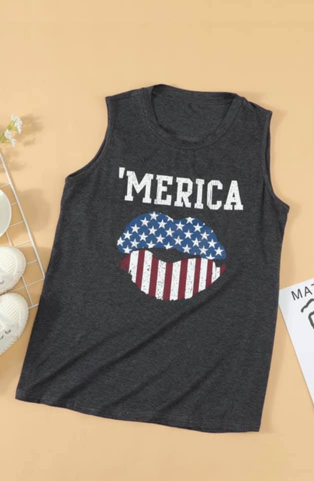 Sleeveless  Graphic Merica Lips with Cut out Back