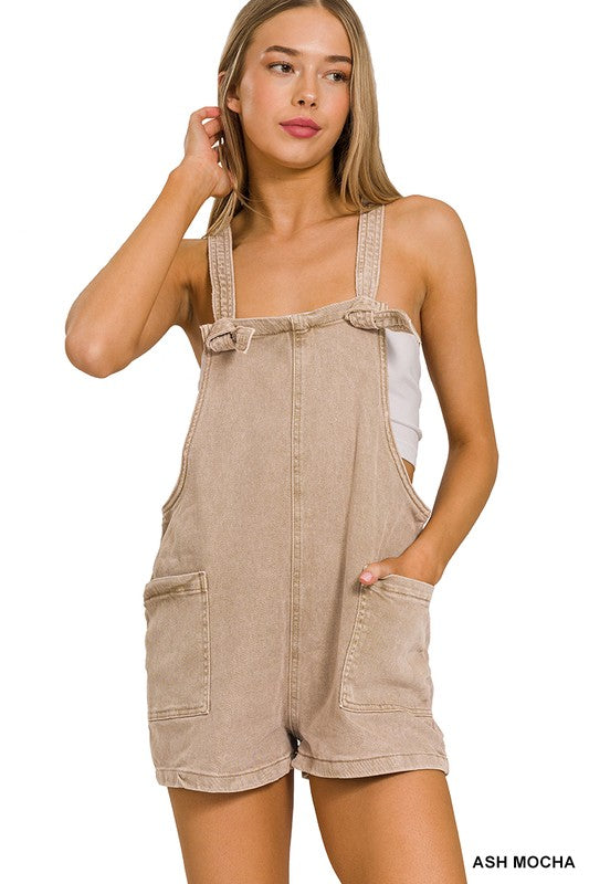 Washed Shorts Romper with Pockets