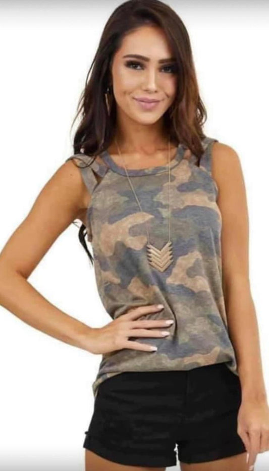 Sleeveless Camo Top with Criss Cross on Sleeve