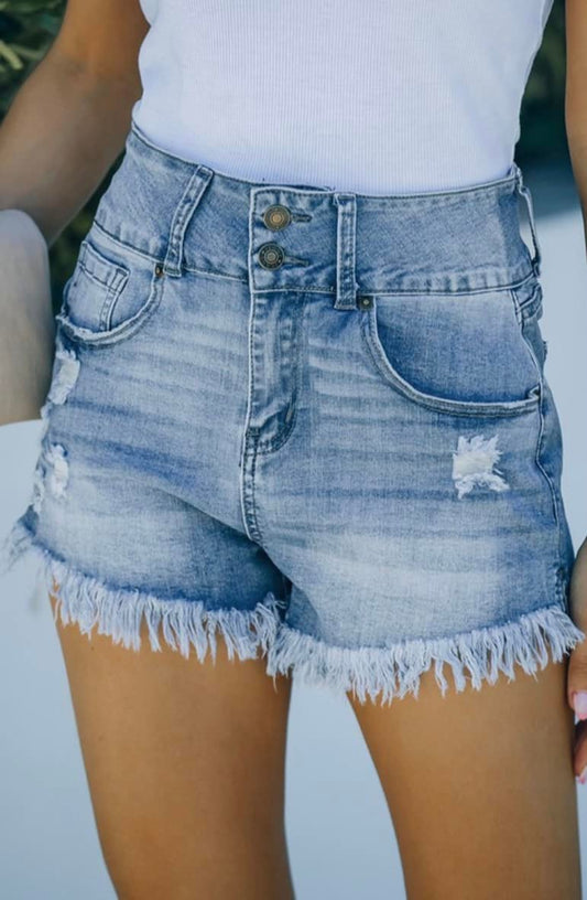 Denim Shorts With Rips, Double Buttons & Frays