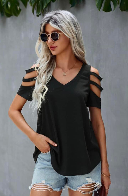 V Neck Cut out Short Sleeve Top