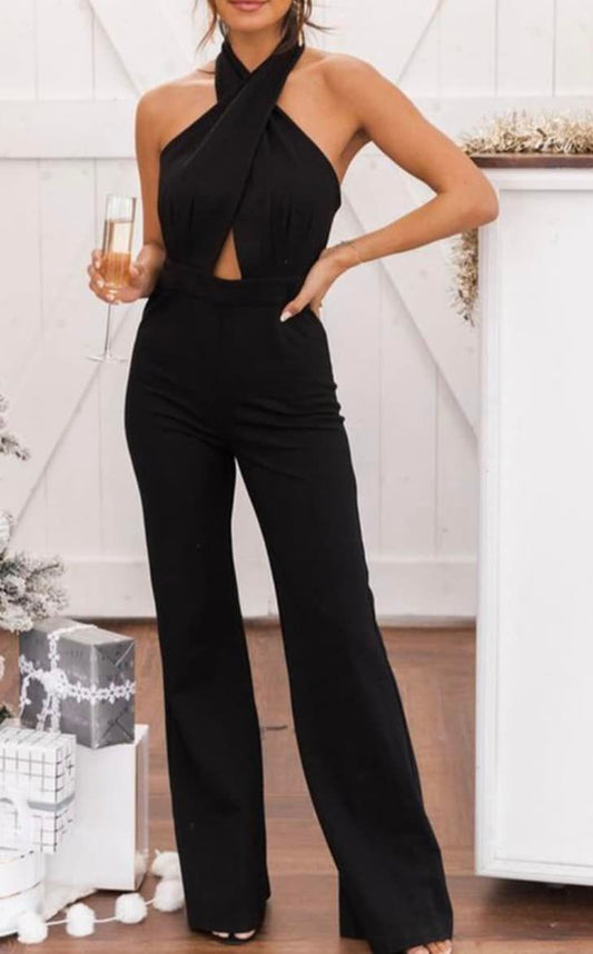 Dressy Material Jumpsuit with Haltered Front