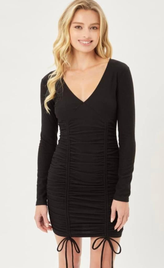 Long Sleeve Ribbed Double Ruched Dress