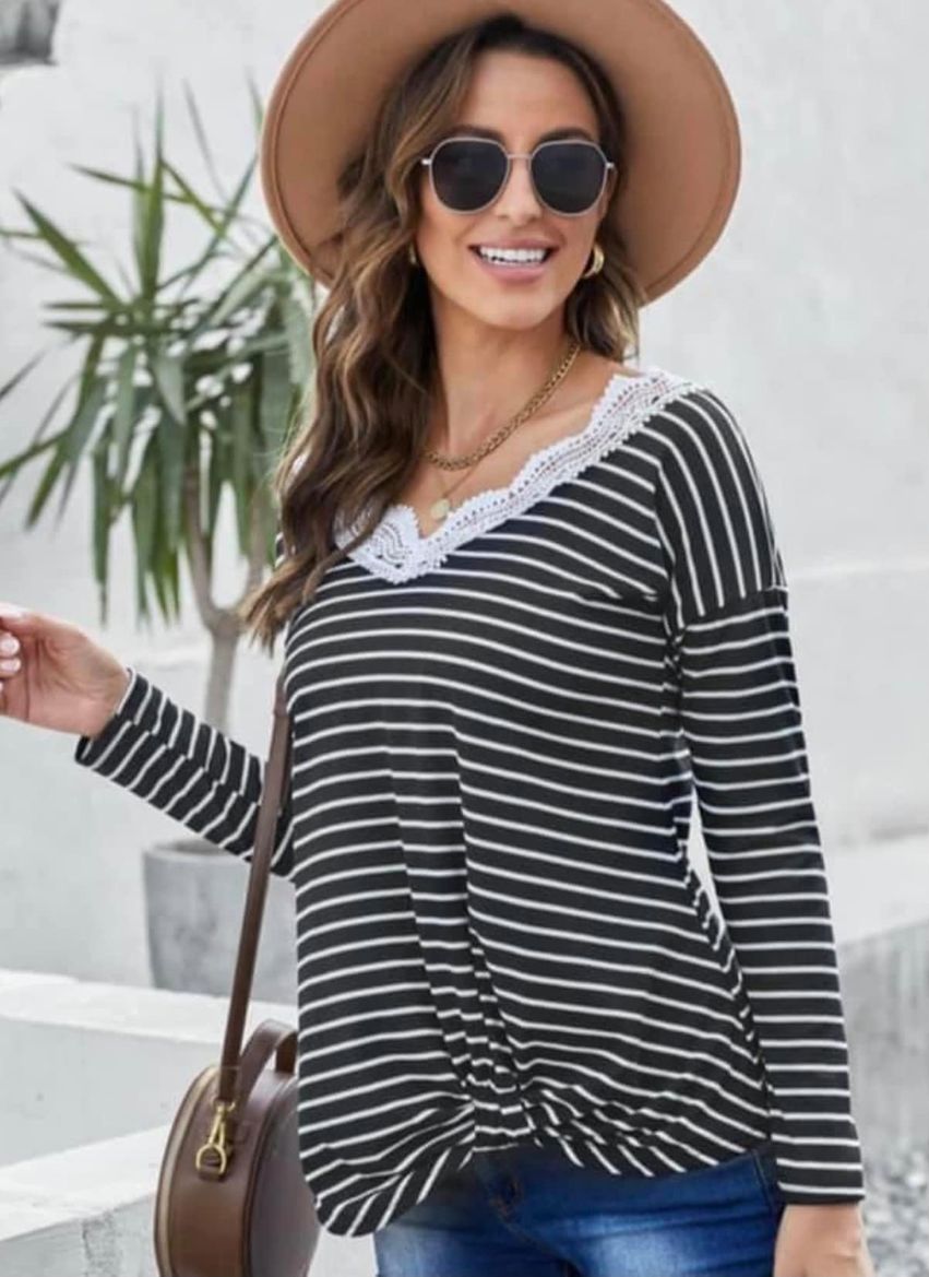 Knotted up Striped Long Sleeve Top with Lace Trim