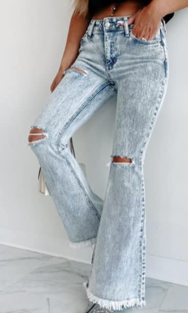 Washed Flare Jeans with Ripped Knees
