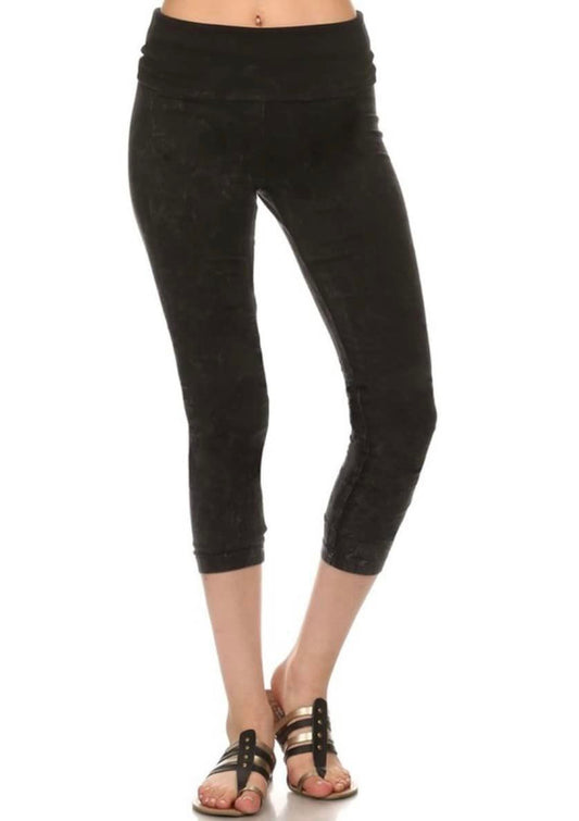 Mineral Washed Capri Leggings With Thick Fold Over  Band