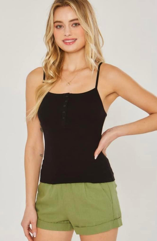 Spaghetti Strap Ribbed Tank with Buttons