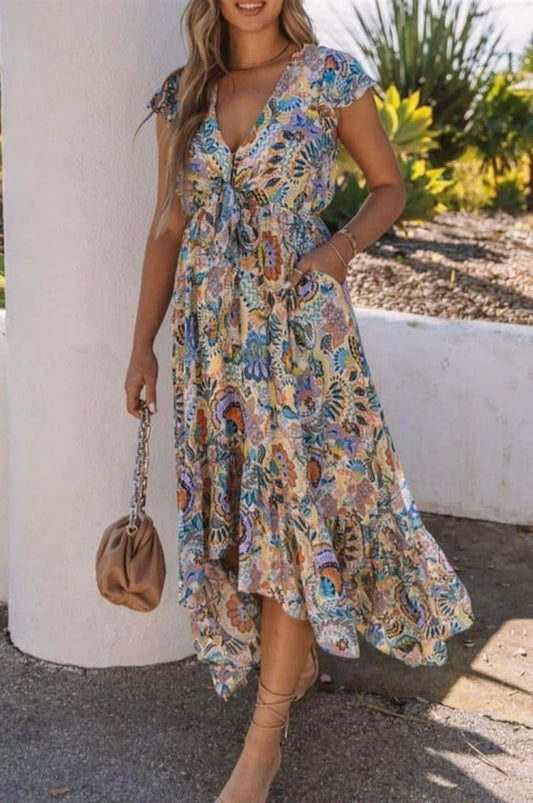 Short Sleeve Flowy Printed Maxi Dress With Pockets