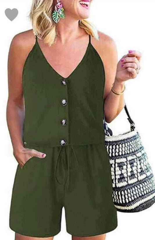 Spaghetti Strap Shorts Romper with Buttons