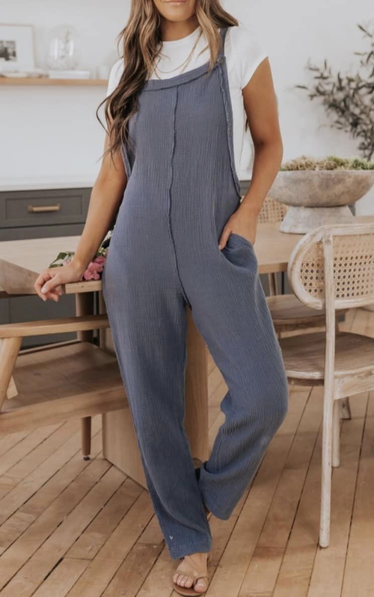 Comfy Jumpsuit Romper with  Pockets & Crinkle Look