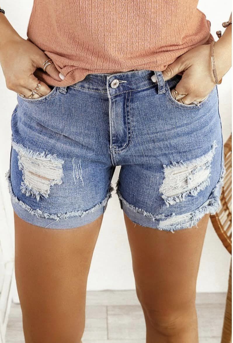 Denim Shorts with Rips and Cuff