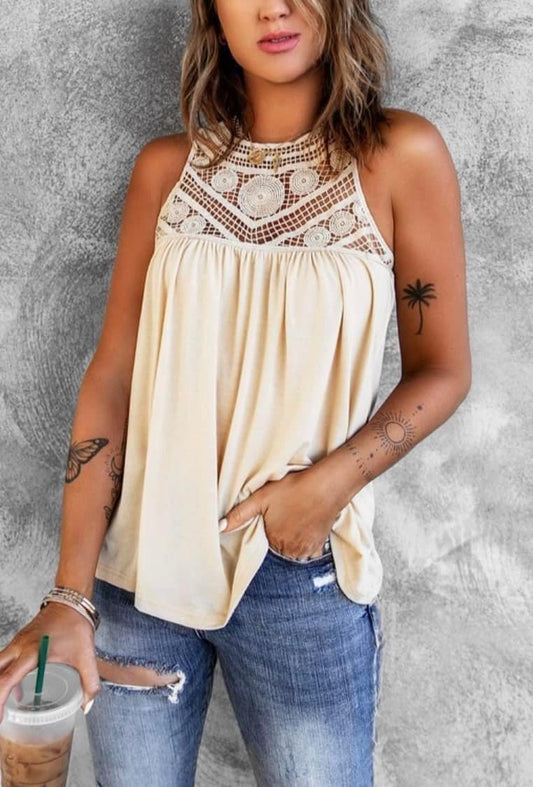 Sleeveless Loose Top with Crochet Detail