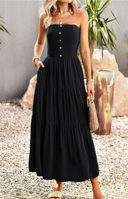 Tube Top Maxi Dress with Buttons & Pockets