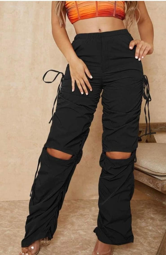 Pleated Cargo Pants with Knee Cut out