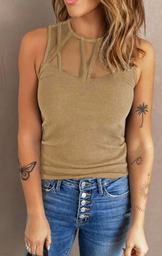 Sleeveless Ribbed Meshed Detail Top