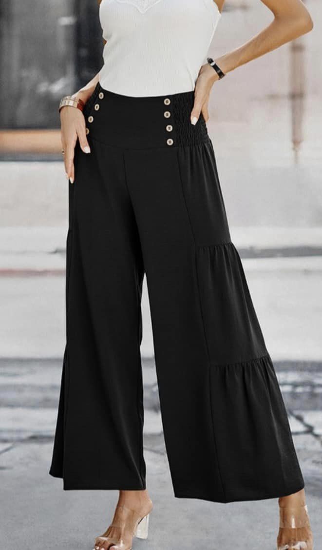 Wide Leg Pants with Side Ruffle & Button Detail