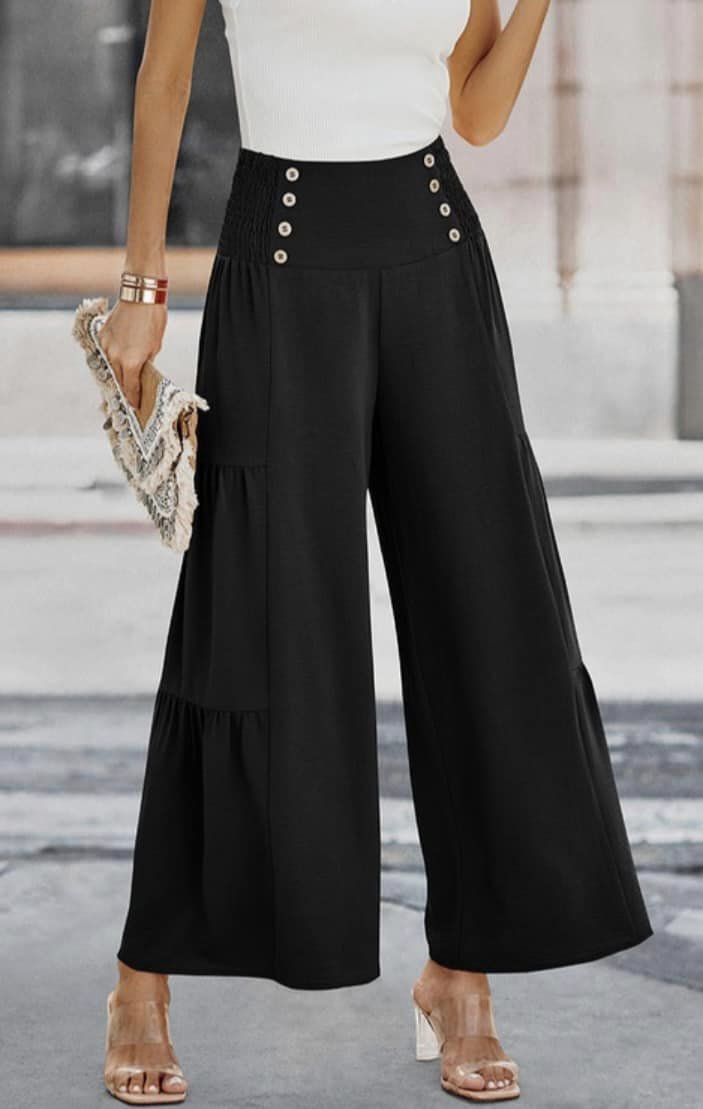 Wide Leg Pants with Side Ruffle & Button Detail