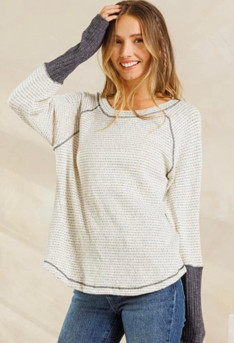 Contrast Detail Long Sleeve Top with Ribbed Cuff