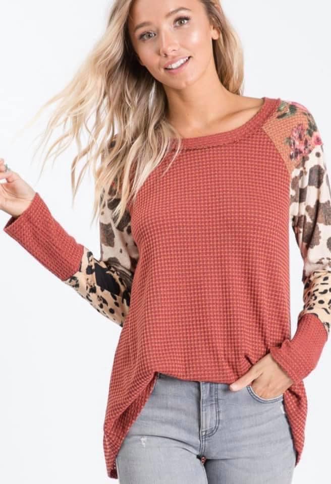 Mixed Fabric/Pattern Sleeve Top