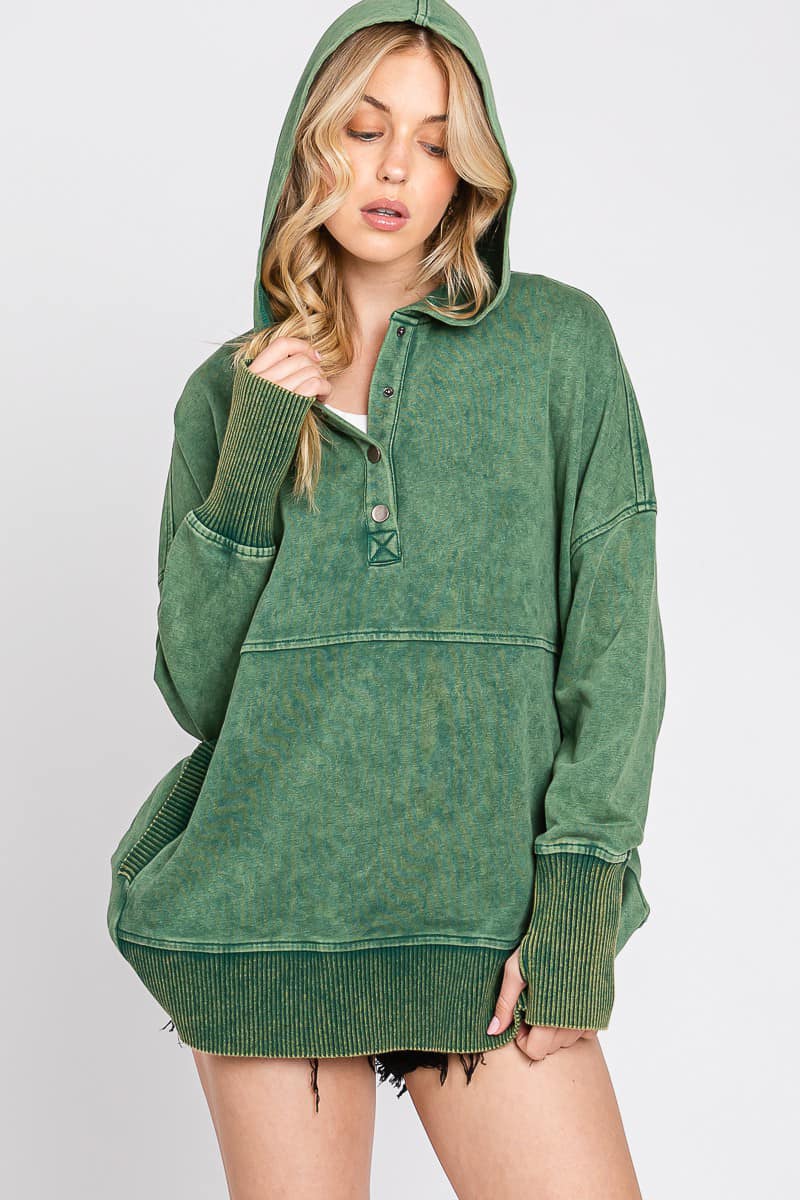 Mineral Washed Pullover Hoodie with Front Pocket & Thumb hole